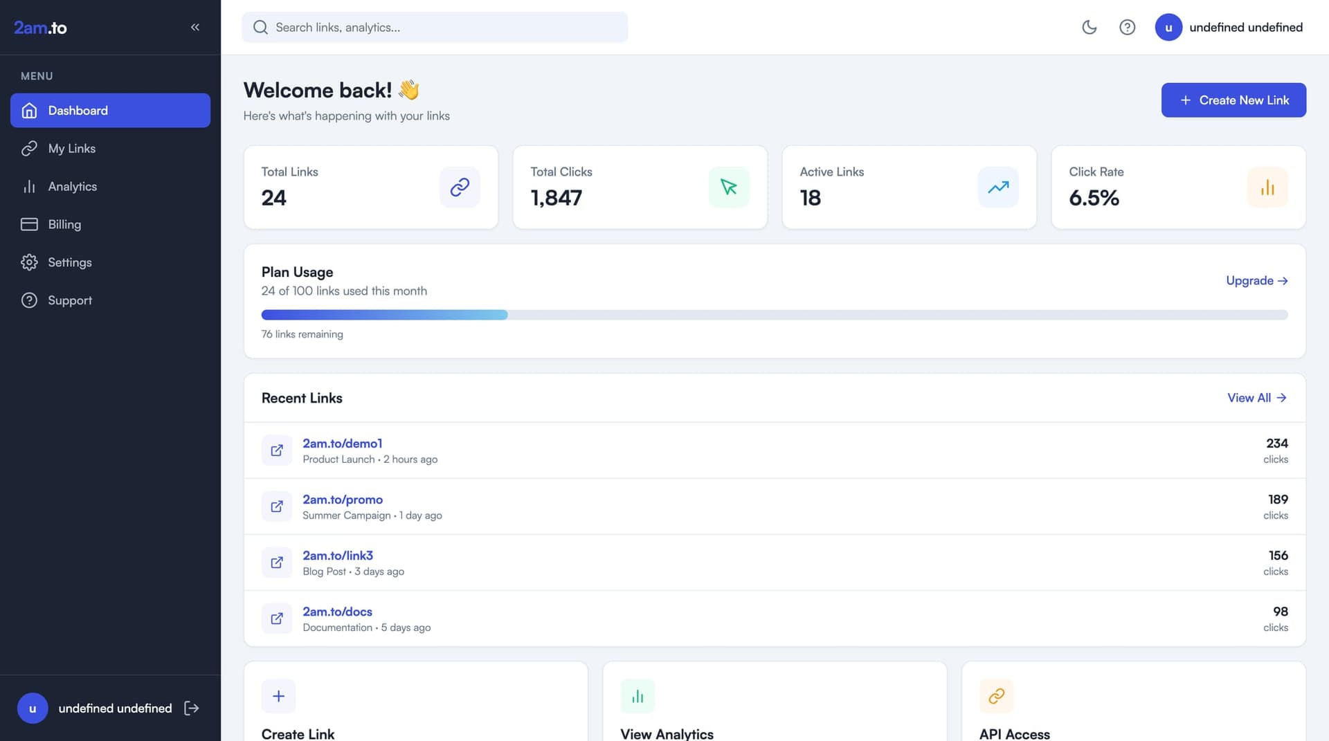 2am.to Dashboard — Link analytics, QR codes, and click tracking